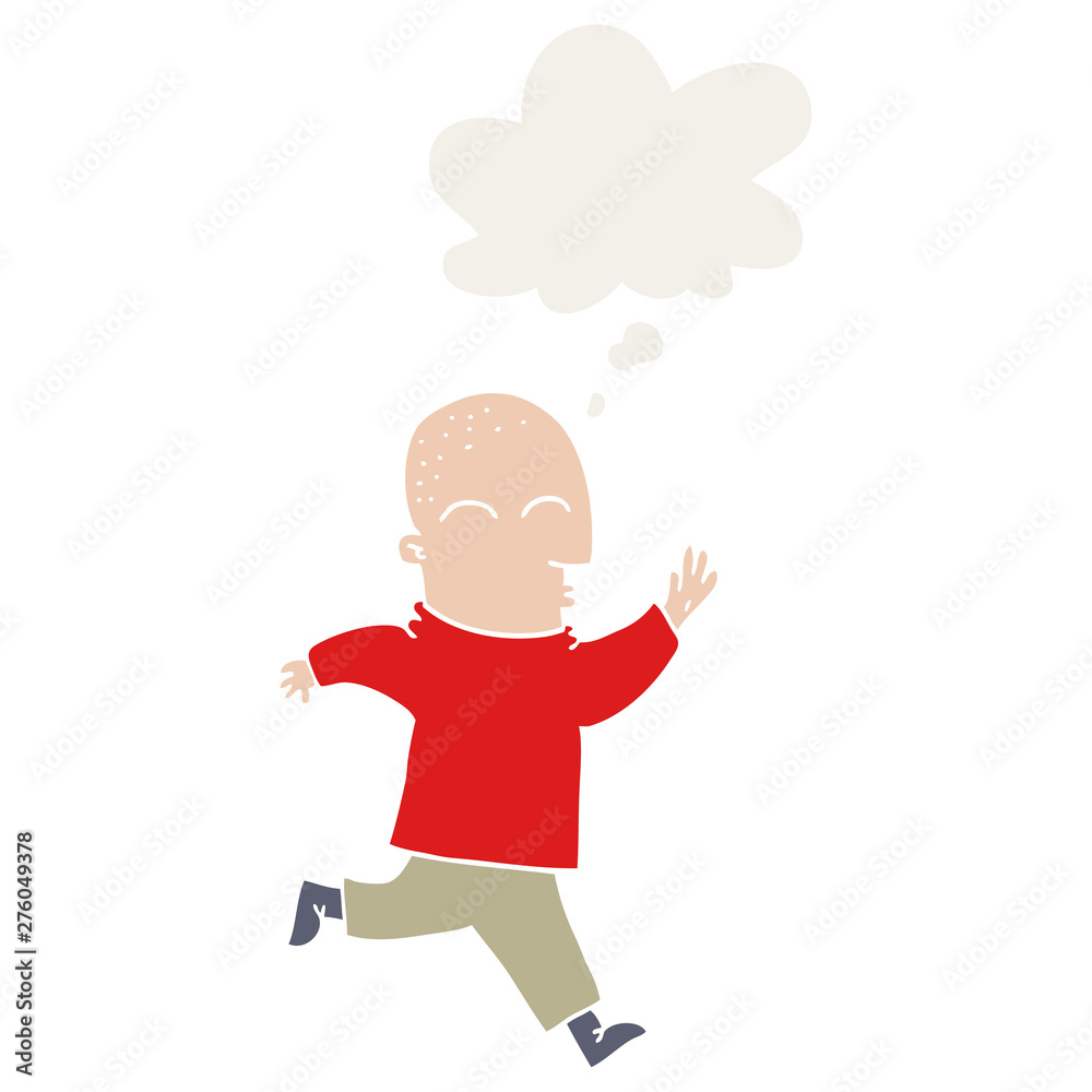 cartoon man running and thought bubble in retro style