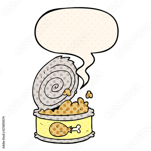 cartoon canned food and speech bubble in comic book style