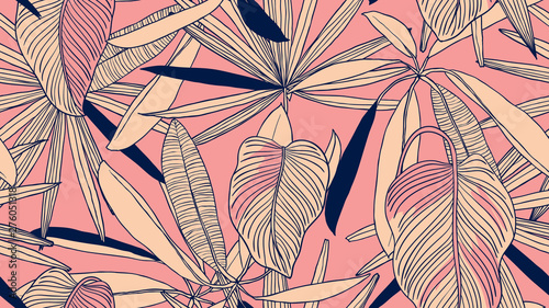 Foliage seamless pattern, light orange leaves on pink background, line art ink drawing vintage style