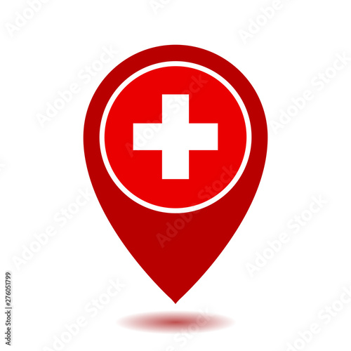 Map Pointer Icon With Cross, First Aid Sign.