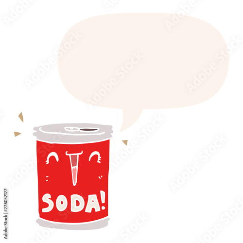 cartoon soda can and speech bubble in retro style