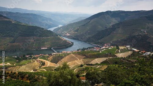 Panoramic view of the Douro valley with vineyards in the hills, Porto, Portugal.