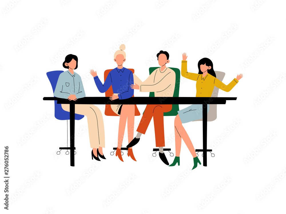 Business People Sitting at Desk and Discussing Project, Brainstorming, Teamwork, Colleagues Working Together in Office, Communication Between Coworkers Vector Illustration Business People Sitting at Desk and Discussing Project, Brainstorming, Teamwork, Colleagues Working Together in Office, Communication Between Coworkers Vector Illustration