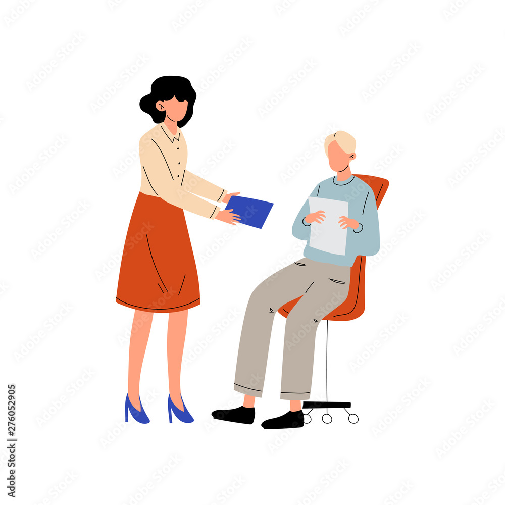 Girl Giving Paper Documents to Man who Sitting on Chair, Colleagues Working Together in Office, Communication Between Coworkers Vector Illustration Girl Giving Paper Documents to Man who Sitting on Chair, Colleagues Working Together in Office, Communication Between Coworkers Vector Illustration