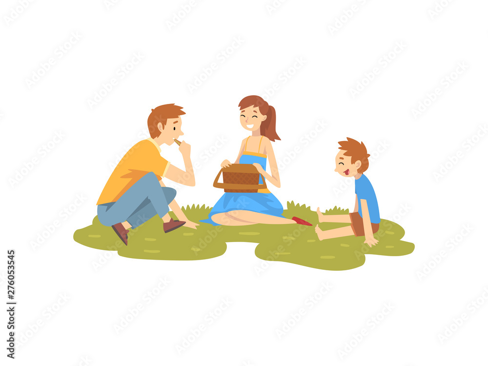 Happy Family Resting on Grass, Father, Mother and Son Having Picnic In Park, Summer Outdoor Activities Vector Illustration