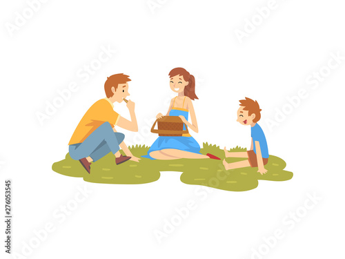 Happy Family Resting on Grass, Father, Mother and Son Having Picnic In Park, Summer Outdoor Activities Vector Illustration