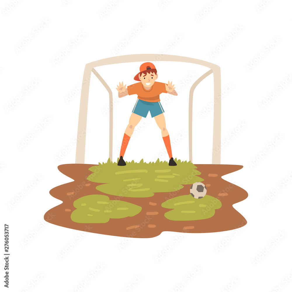 Goalkeeper Standing at Gate on Sport Field, Soccer Player, Summer Outdoor Activities Vector Illustration