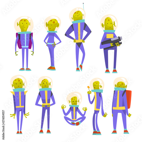 Friendly Green Alien Set, Funny Humanoid Cartoon Character in Blue Space Suit and Helmet Vector Illustration