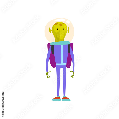 Funny Green Alien Standing with Jetpack, Humanoid Cartoon Character in Blue Space Suit and Helmet Vector Illustration