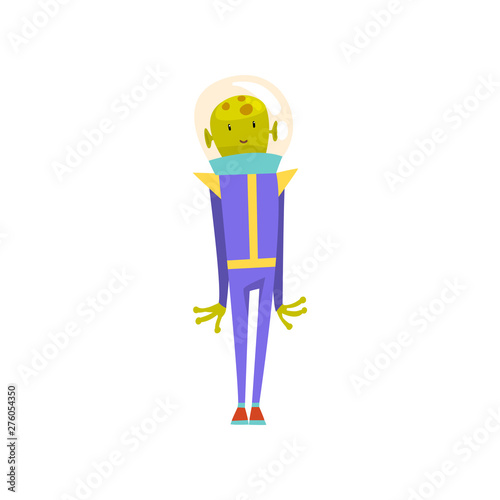 Cute Friendly Green Alien, Funny Humanoid Cartoon Character in Blue Space Suit and Helmet Vector Illustration