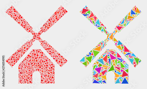 Windmill collage icon of triangle elements which have variable sizes and shapes and colors. Geometric abstract vector illustration of windmill.