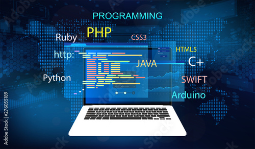 Programming concept banner. Software, web development, programming concept. Programming languages( java, c++, ruby, payton, CSS3, Swift) and program code on screen laptop. Software development