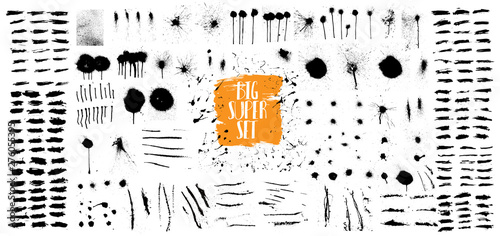 Very Nice grunge set. Big collection of black paint brushes, ink brush strokes, lines, spray graffiti stencil. High quality manually tracked. Black ink blow explosion. Big grunge set elements. Vector