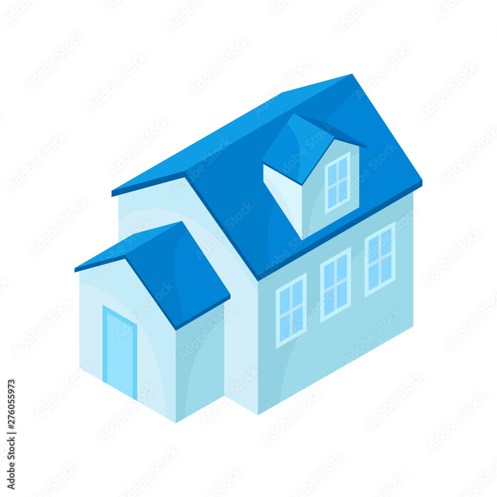 Blue model of a single-story house. Vector illustration on white background.