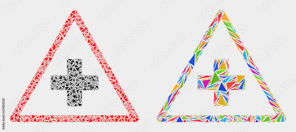 Medical warning triangle mosaic icon of triangle elements which have various sizes and shapes and colors. Geometric abstract vector illustration of medical warning triangle.