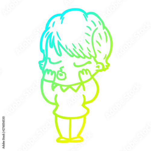 cold gradient line drawing cartoon woman with eyes shut