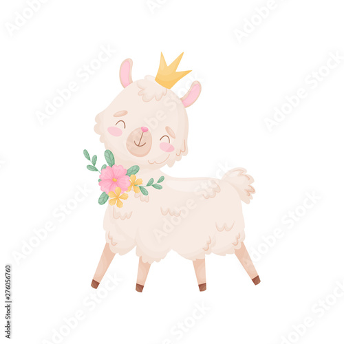 Cute cartoon llama with a crown on her head. Vector illustration on white background.