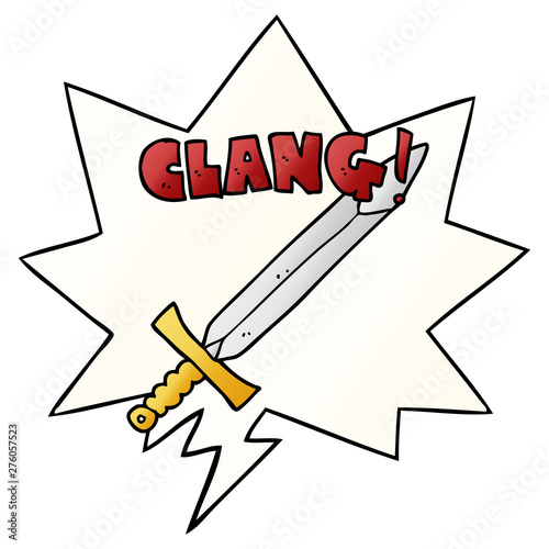 cartoon clanging sword and speech bubble in smooth gradient style