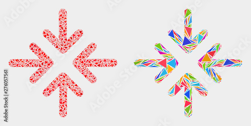 Meeting point arrows collage icon of triangle items which have variable sizes and shapes and colors. Geometric abstract vector design concept of meeting point arrows.