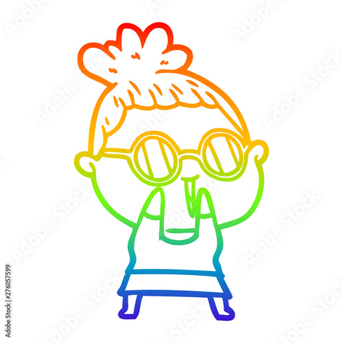 rainbow gradient line drawing cartoon shy woman wearing spectacles