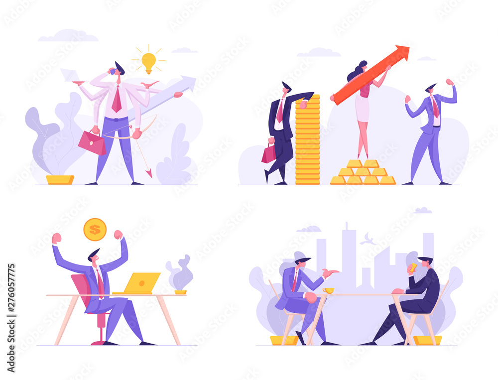 Financial Growth, Business Success Set. People with Arrow, Money, Multitasking Productive Businessman, Board Meeting, Online Work and Creative Cooperation Teamwork, Cartoon Flat Vector Illustration