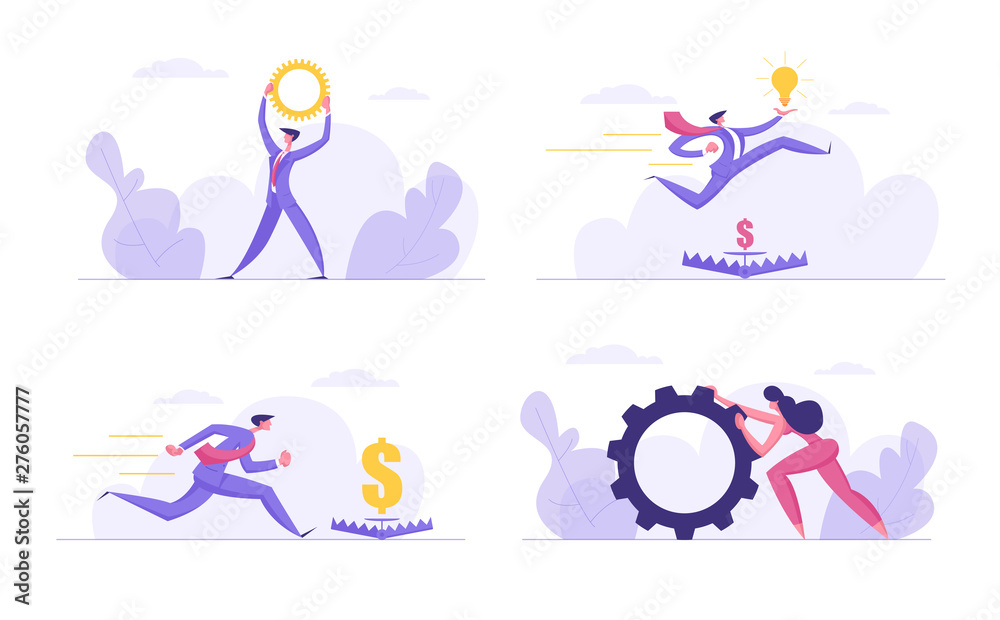 Successful Team Spirit Ambitious, Finance Business Concept Set. People Characters with Gears, Glowing Light Bulbs, Money Goal Trap, Creative Idea, Financial Dangers, Cartoon Flat Vector Illustration