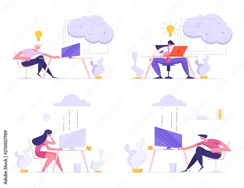 Business People, Freelancers Using Cloud System for Work and Communication. Characters Working on Laptops in Office and Home Transfer Info via Online Cloud Storage Cartoon Flat Vector Illustration
