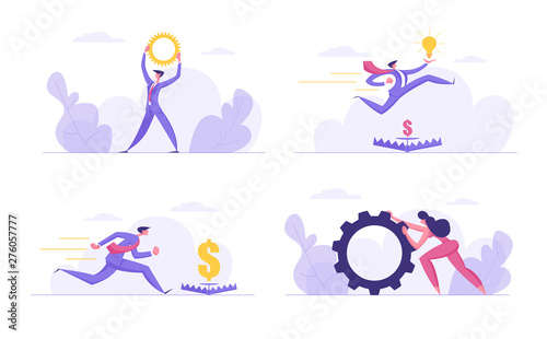 Successful Team Spirit Ambitious, Finance Business Concept Set. People Characters with Gears, Glowing Light Bulbs, Money Goal Trap, Creative Idea, Financial Dangers, Cartoon Flat Vector Illustration © Hanna Syvak