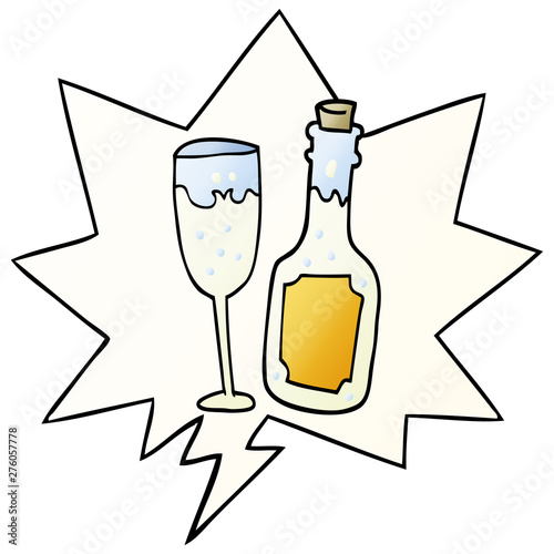 cartoon champagne bottle and glass and speech bubble in smooth gradient style