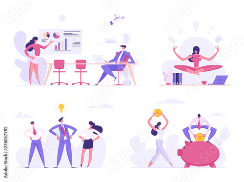 Creative, Financial Business Success Concept Set. People Characters Startup Presentation in Office, Relax and Meditation, Teamwork Idea, Saving Money in Piggy Bank. Cartoon Flat Vector Illustration