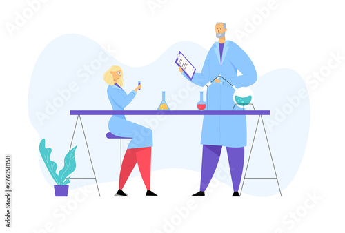 Scientists Wearing Lab Coats Conducting Experiments and Scientific Research in Laboratory. Chemistry Science Staff at Work, Technician Hold Test Tube, Professor Watch. Cartoon Flat Vector Illustration