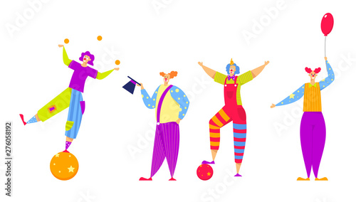 Set of Funny Characters in Costumes for Circus Show or Entertainment. Men and Women Clowns, Animators in Funny Clown Suit, Huge Boots, Curly Ginger Wig and Red Nose. Cartoon Flat Vector Illustration