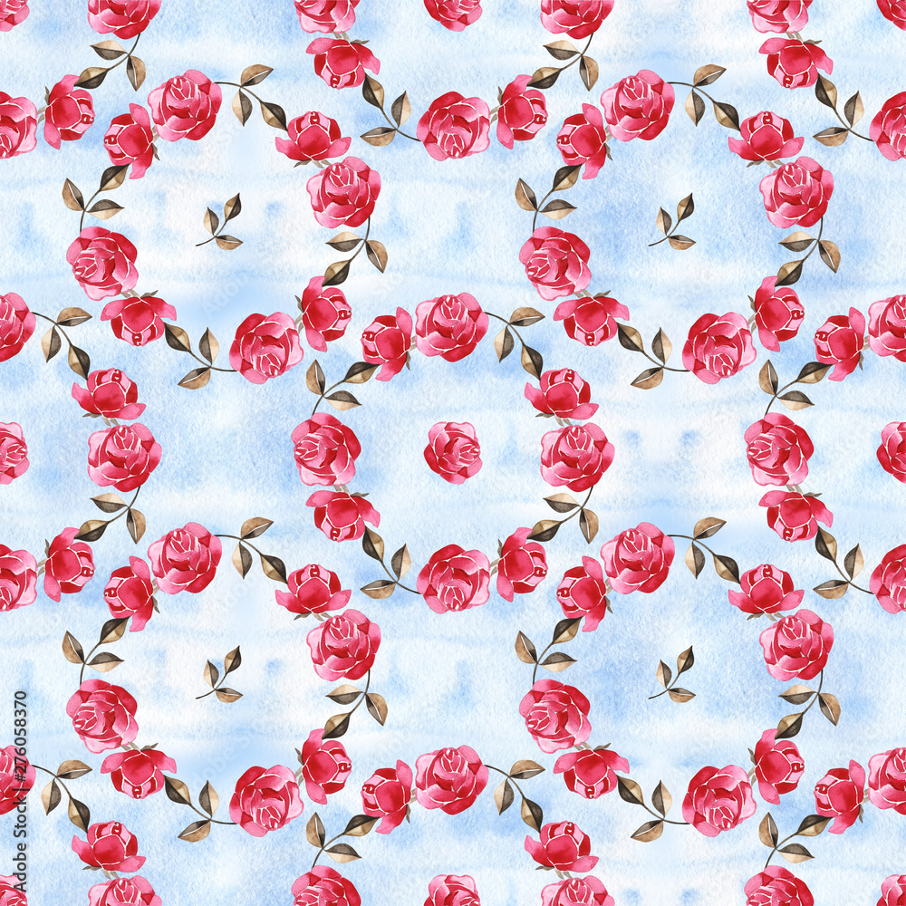 Fototapeta premium Blue watercolor lace wallpaper. Floral seamless pattern. Decorative botanical pattern. Light blue indonesian batik. Design for fabric, textile, cover, wrapping paper, curtains