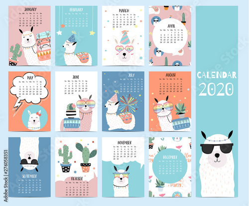 Animal calendar 2020 with llama for children.Can be used for printable graphic