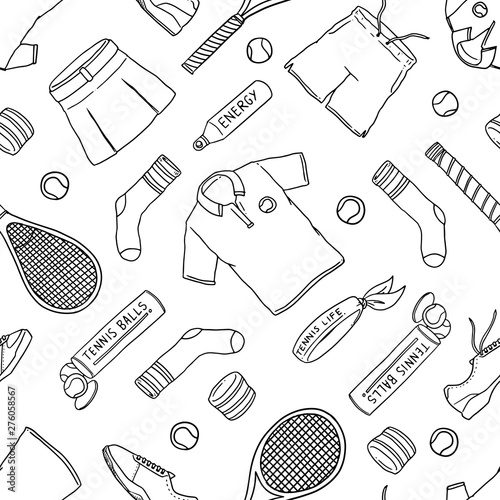 Tennis equipment doodle seamless pattern. Vector illustration background. For print, textile, web, home decor, fashion, surface, graphic design