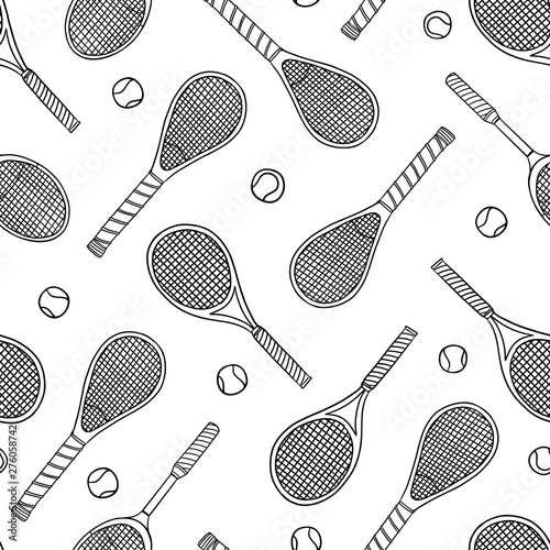 Tennis racket and balls doodle seamless pattern. Vector illustration background. For print, textile, web, home decor, fashion, surface, graphic design