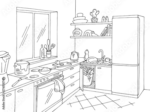 Kitchen mess room graphic black white home interior sketch illustration vector