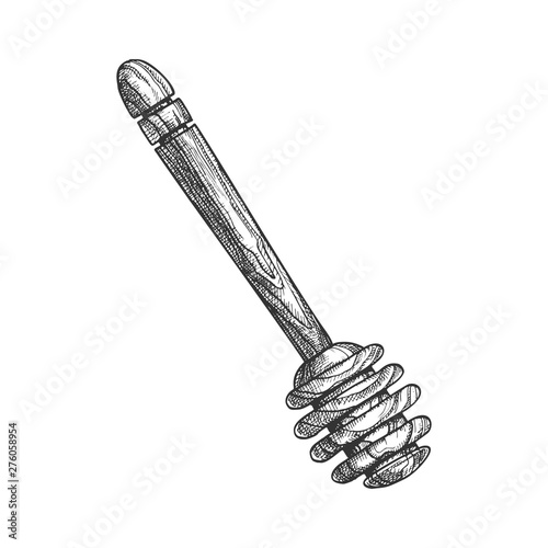 Carved Handmade Dripper Wooden Honey Stick Vector. Beekeeper Utensil Stick Spoon. Black And White Hand Drawn Wand Ladle Agriculture Apiarian Dipping Instrument For Syrup Cartoon Illustration