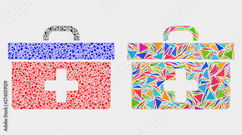 Medical case mosaic icon of triangle elements which have variable sizes and shapes and colors. Geometric abstract vector illustration of medical case.