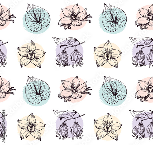 Tropical flowers seamless pattern pastel colors on white