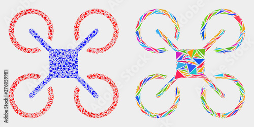 Quadcopter collage icon of triangle elements which have various sizes and shapes and colors. Geometric abstract vector illustration of quadcopter.
