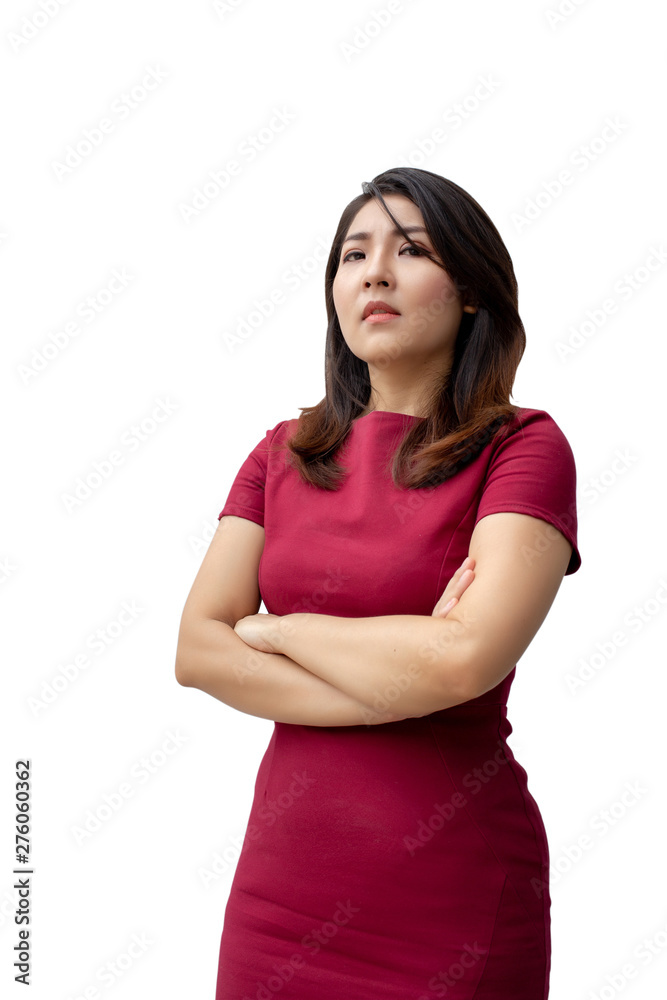 confident asian woman gcross arm with red suite on white confident asian woman gcross arm with red suite on white