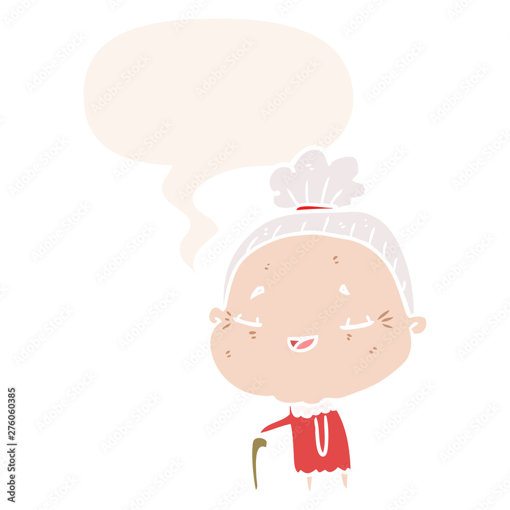 cartoon old woman and walking stick and speech bubble in retro style cartoon old woman and walking stick and speech bubble in retro style