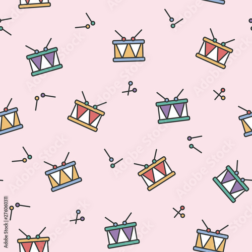 Vector drums seamless pattern with music elements. 