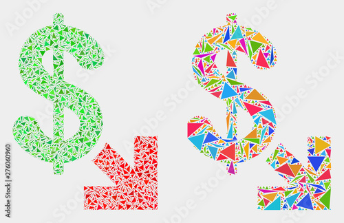 Export dollar mosaic icon of triangle items which have different sizes and shapes and colors. Geometric abstract vector illustration of export dollar.