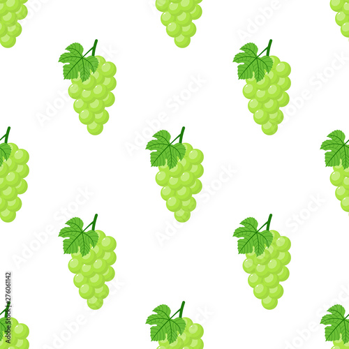 Seamless pattern with green grapes on white background. Bunch of purple grapes with stem and leaf. Cartoon style. Vector illustration for design, web, wrapping paper, fabric, wallpaper.