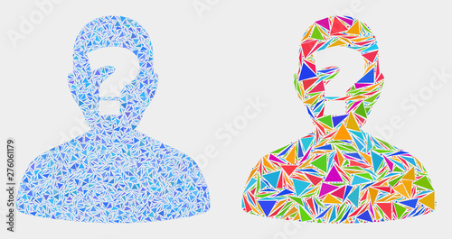 Unknown person mosaic icon of triangle elements which have variable sizes and shapes and colors. Geometric abstract vector design concept of unknown person.