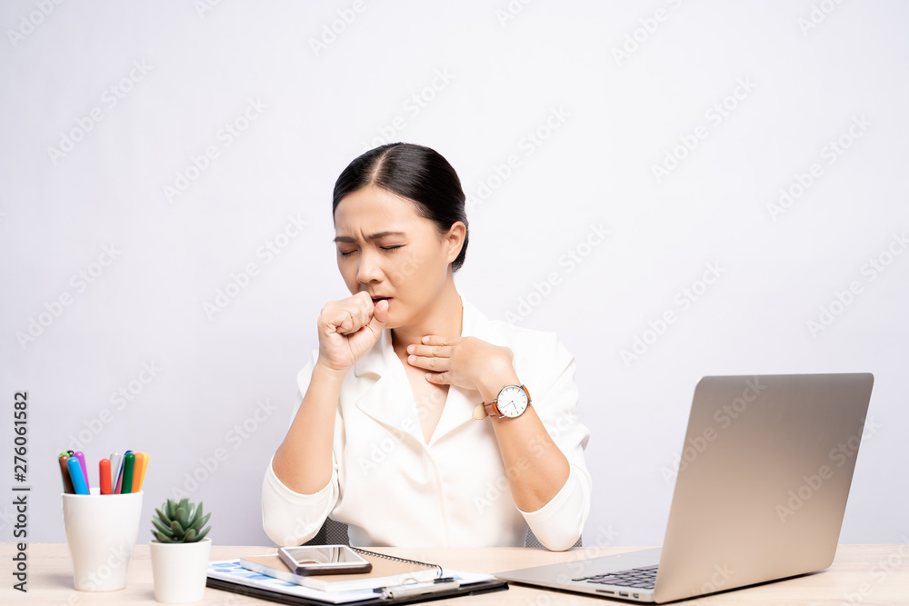 Woman has sore throat at office isolated white background Woman has sore throat at office isolated white background