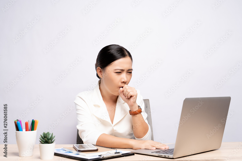 Woman has sore throat at office isolated white background Woman has sore throat at office isolated white background