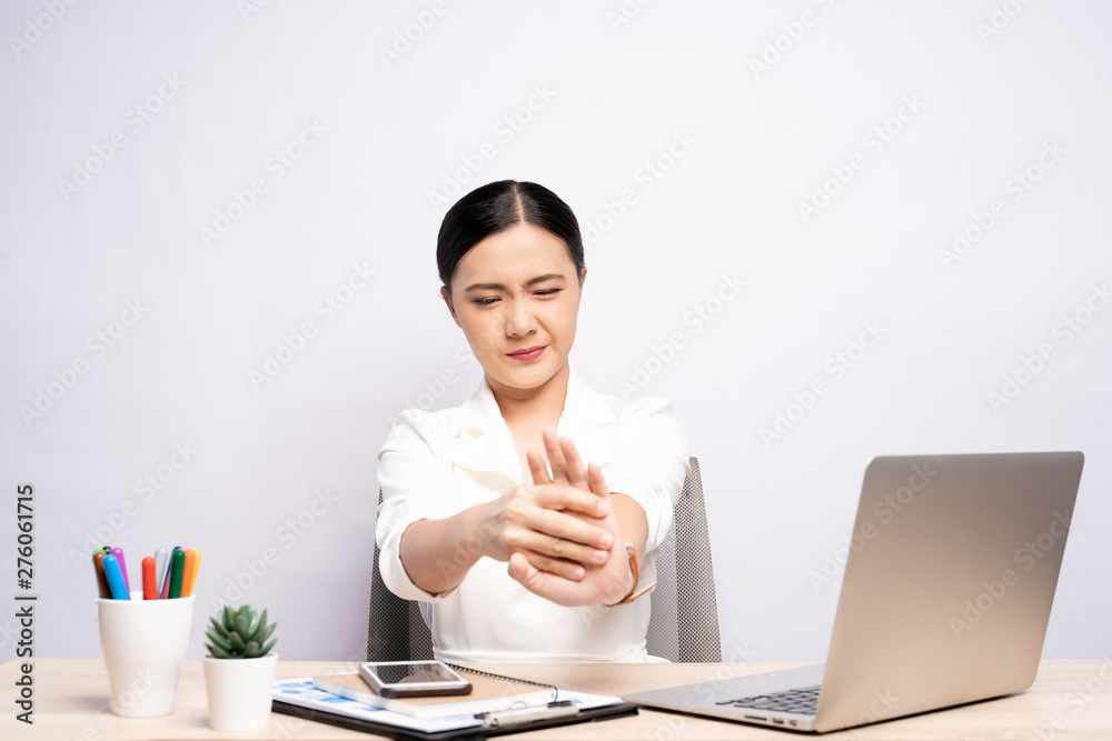 Woman has body pain isolated over white background: Office syndrome concept Woman has body pain isolated over white background: Office syndrome concept